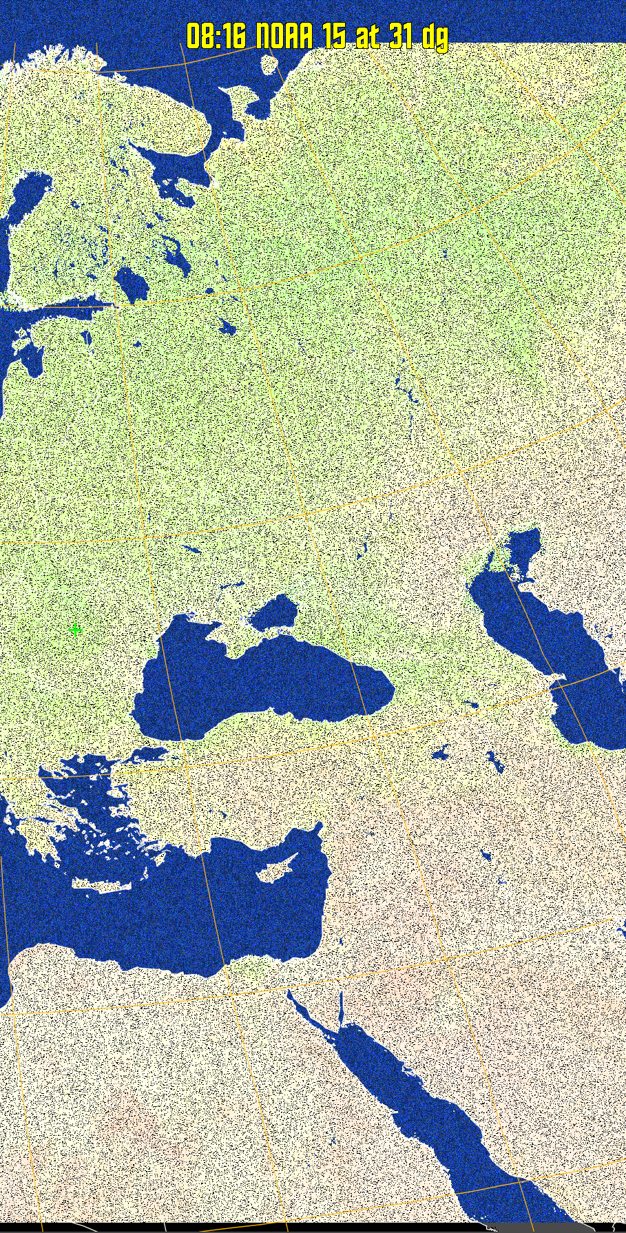 MCIR-precip: 
Colours the NOAA sensor 4 IR image using a map to colour the sea blue and land
green. High clouds appear white, lower clouds gray or land/sea coloured, clouds
generally appear lighter, but distinguishing between land/sea and low cloud may
be difficult. Darker colours indicate warmer regions.