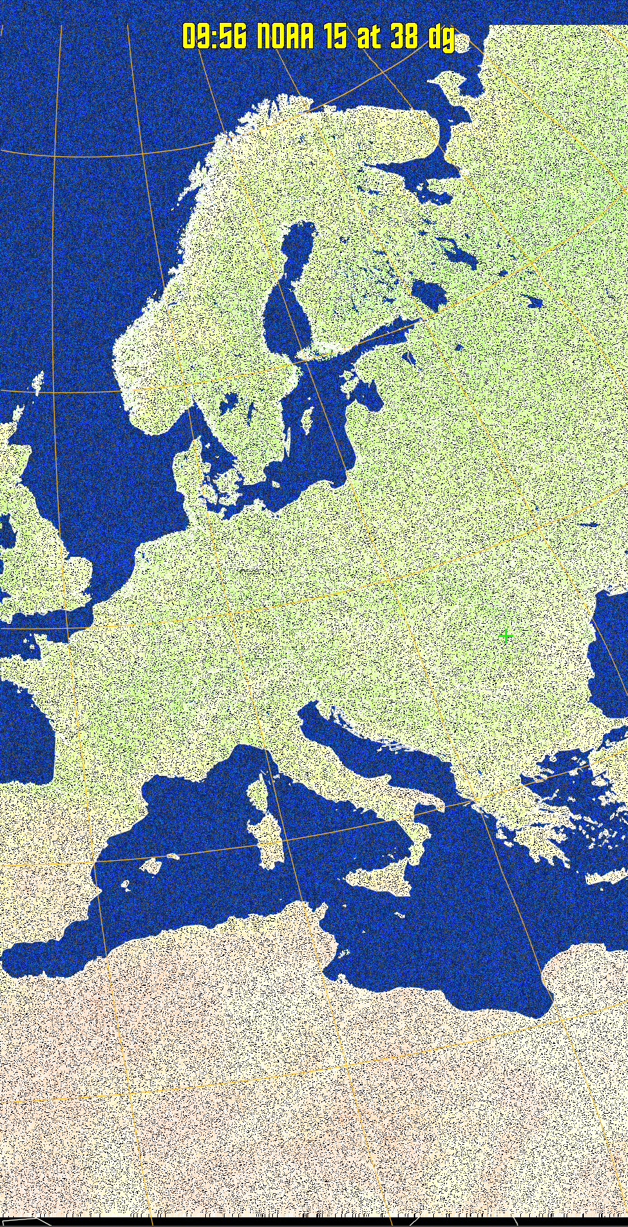 MCIR-precip: 
Colours the NOAA sensor 4 IR image using a map to colour the sea blue and land
green. High clouds appear white, lower clouds gray or land/sea coloured, clouds
generally appear lighter, but distinguishing between land/sea and low cloud may
be difficult. Darker colours indicate warmer regions.