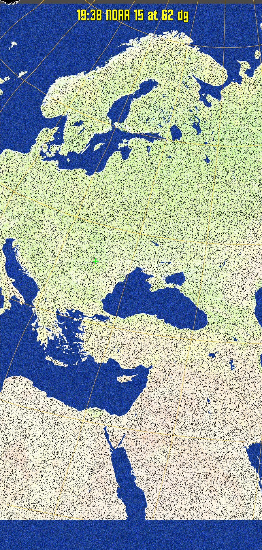 MCIR-precip: 
Colours the NOAA sensor 4 IR image using a map to colour the sea blue and land
green. High clouds appear white, lower clouds gray or land/sea coloured, clouds
generally appear lighter, but distinguishing between land/sea and low cloud may
be difficult. Darker colours indicate warmer regions.