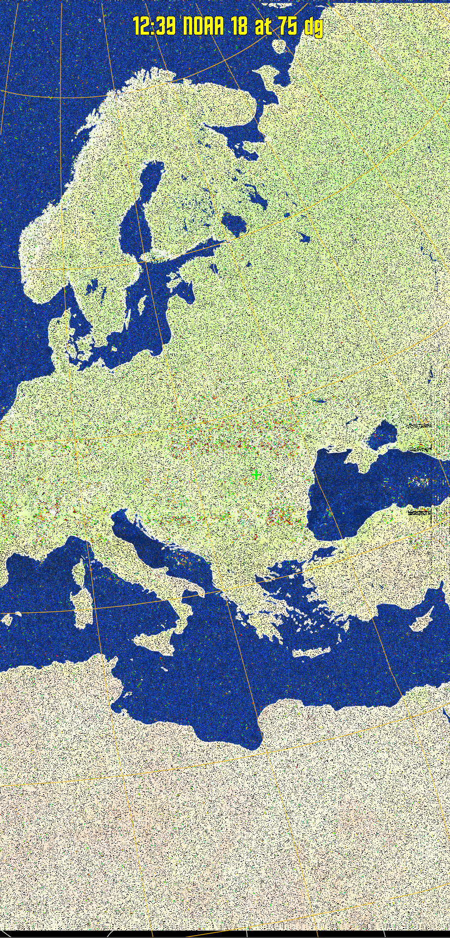 MCIR-precip: 
Colours the NOAA sensor 4 IR image using a map to colour the sea blue and land
green. High clouds appear white, lower clouds gray or land/sea coloured, clouds
generally appear lighter, but distinguishing between land/sea and low cloud may
be difficult. Darker colours indicate warmer regions.