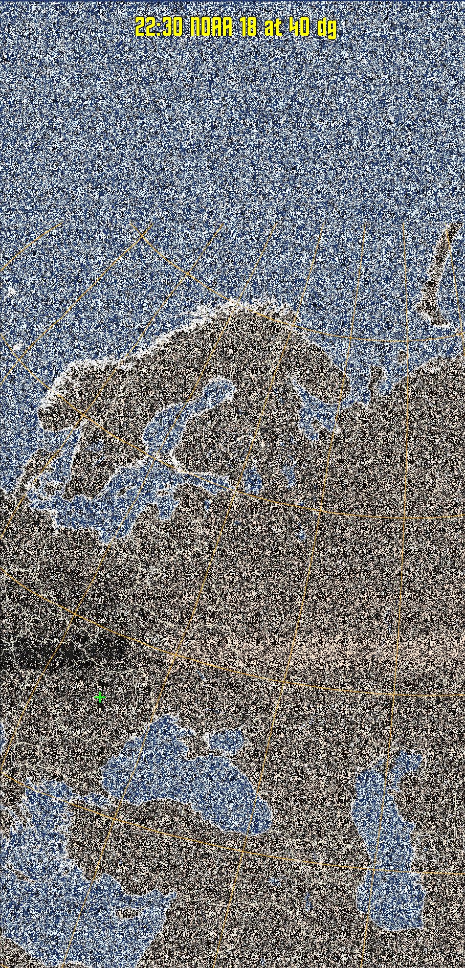 HVCT:
Similar to HVC, but with blue water and with colours more indicative of
land temperatures.
HVC:
Creates a false colour image from NOAA APT images based on temperature using
the HVC colour model. Uses the temperature derived from the sensor 4 image to
select the hue and the brightness from the histogram equalised other image to
select the value and chroma. The HVC colour model attempts to ensure that different colours at the same value will appear to the eye to be the same brightness
and the spacing between colours representing each degree will appear to the eye to
be similar. Bright areas are completely unsaturated in this model.