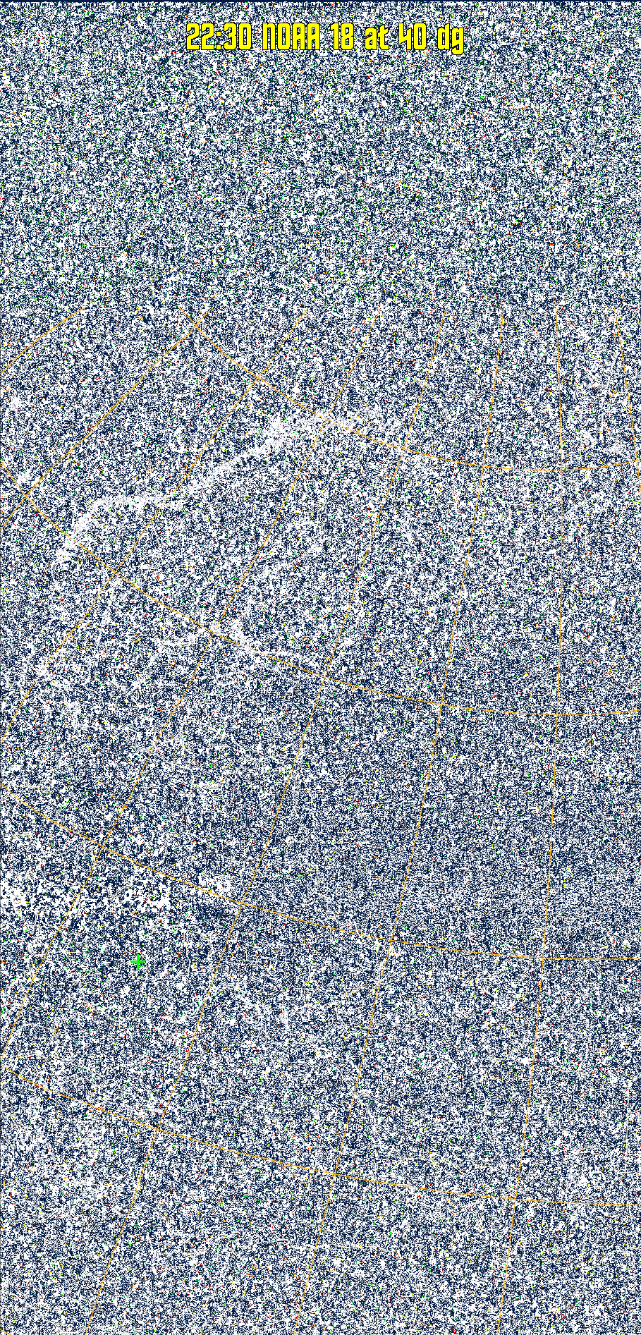 MSA-precip:
Same as MSA multispectral analysis, but high cold cloud tops are coloured the
same as the NO enhancement to give an approximate indication of the probability
and intensity of precipitation.