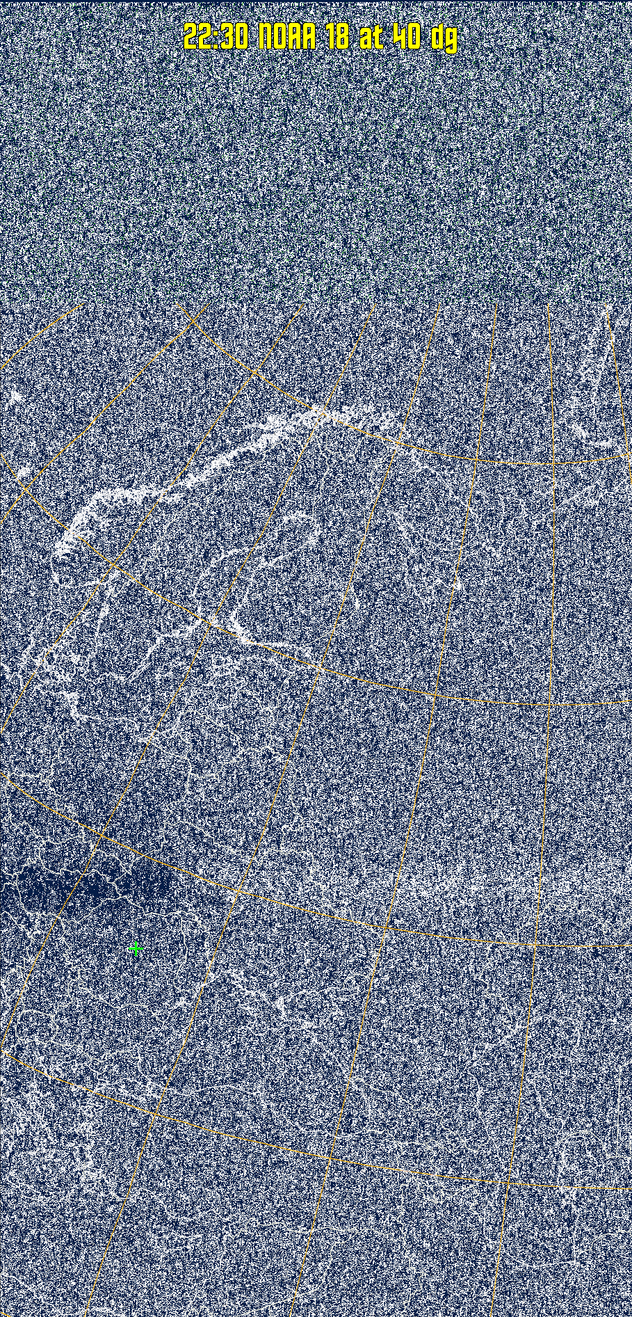 MSA:
Multispectral analysis. Uses a NOAA channel 2-4 image and determines which
regions are most likely to be cloud, land, or sea based on an analysis of the two
images. Produces a vivid false-coloured image as a result.
Note that perfect colouring is difficult to obtain, especially
with low illumination angles.