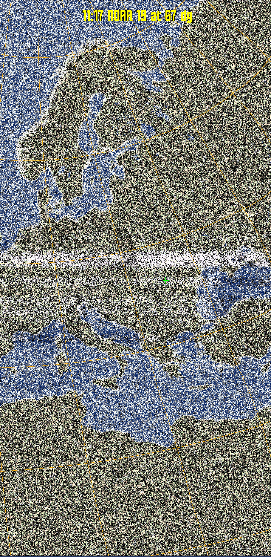 HVCT:
Similar to HVC, but with blue water and with colours more indicative of
land temperatures.
HVC:
Creates a false colour image from NOAA APT images based on temperature using
the HVC colour model. Uses the temperature derived from the sensor 4 image to
select the hue and the brightness from the histogram equalised other image to
select the value and chroma. The HVC colour model attempts to ensure that different colours at the same value will appear to the eye to be the same brightness
and the spacing between colours representing each degree will appear to the eye to
be similar. Bright areas are completely unsaturated in this model.