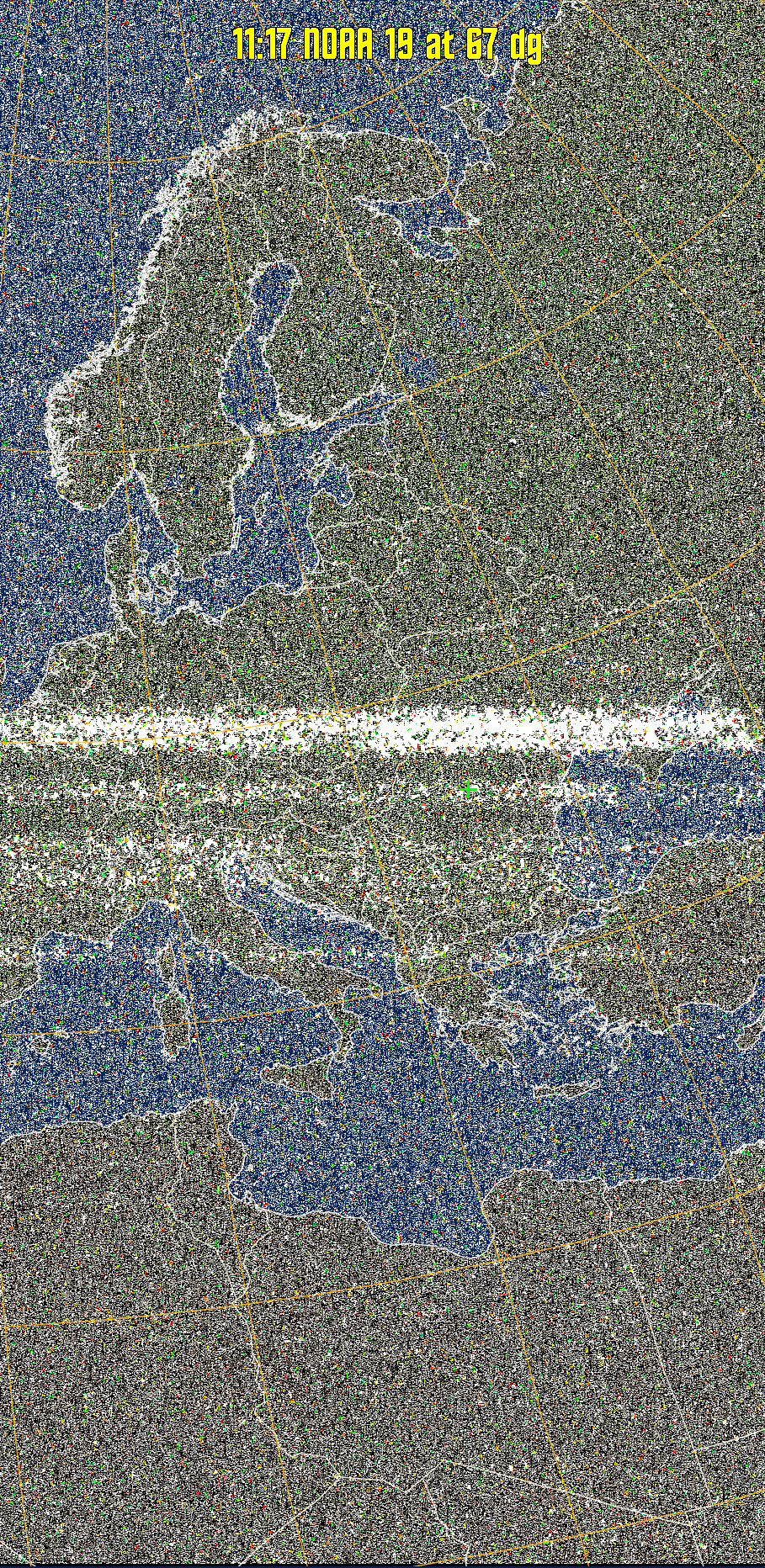 MCIR-precip: 
Colours the NOAA sensor 4 IR image using a map to colour the sea blue and land
green. High clouds appear white, lower clouds gray or land/sea coloured, clouds
generally appear lighter, but distinguishing between land/sea and low cloud may
be difficult. Darker colours indicate warmer regions.