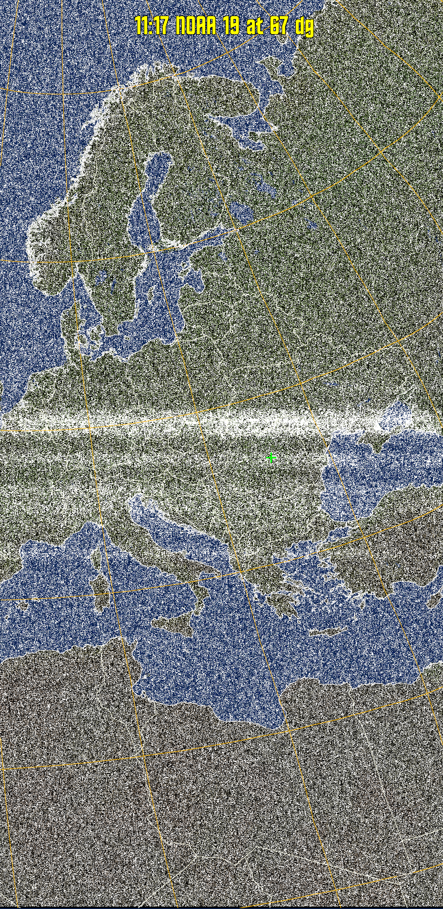 MCIR-precip: 
Colours the NOAA sensor 4 IR image using a map to colour the sea blue and land
green. High clouds appear white, lower clouds gray or land/sea coloured, clouds
generally appear lighter, but distinguishing between land/sea and low cloud may
be difficult. Darker colours indicate warmer regions.