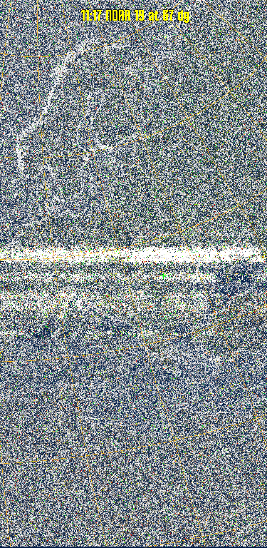 MSA-precip:
Same as MSA multispectral analysis, but high cold cloud tops are coloured the
same as the NO enhancement to give an approximate indication of the probability
and intensity of precipitation.