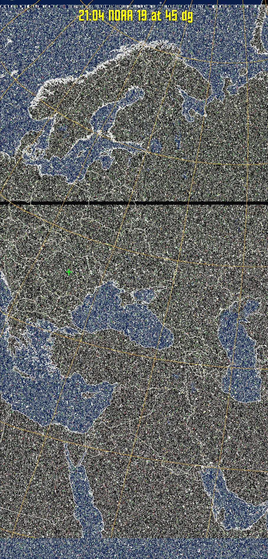 MCIR-precip: 
Colours the NOAA sensor 4 IR image using a map to colour the sea blue and land
green. High clouds appear white, lower clouds gray or land/sea coloured, clouds
generally appear lighter, but distinguishing between land/sea and low cloud may
be difficult. Darker colours indicate warmer regions.