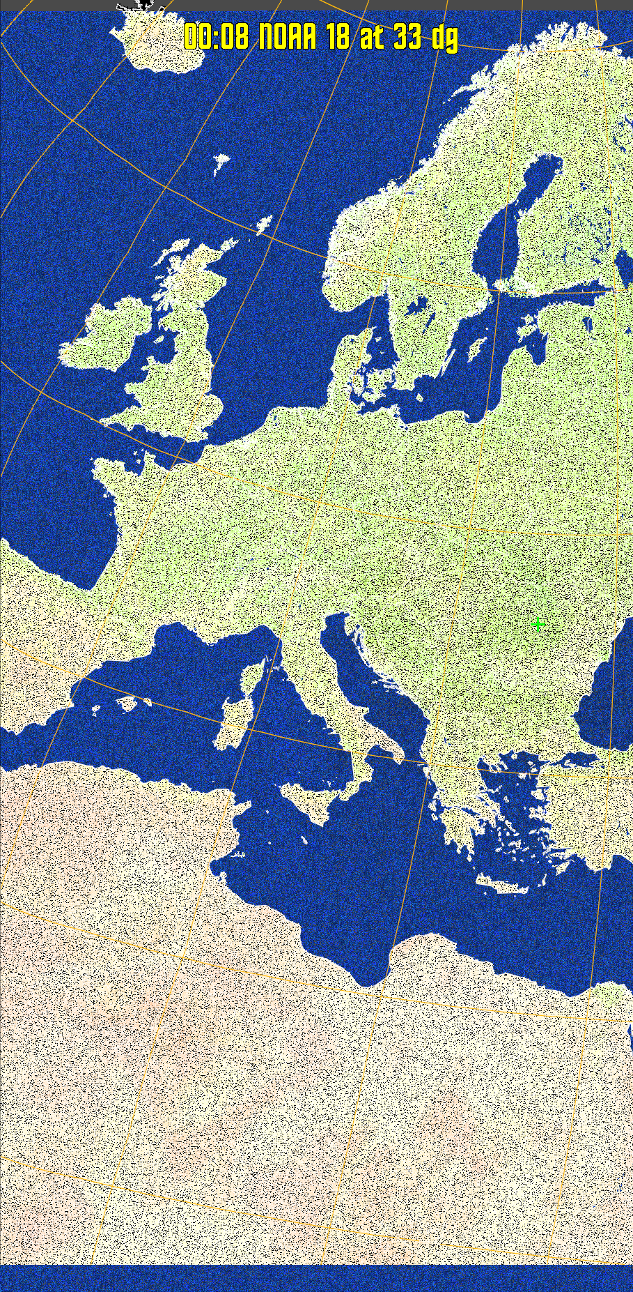 MCIR-precip: 
Colours the NOAA sensor 4 IR image using a map to colour the sea blue and land
green. High clouds appear white, lower clouds gray or land/sea coloured, clouds
generally appear lighter, but distinguishing between land/sea and low cloud may
be difficult. Darker colours indicate warmer regions.