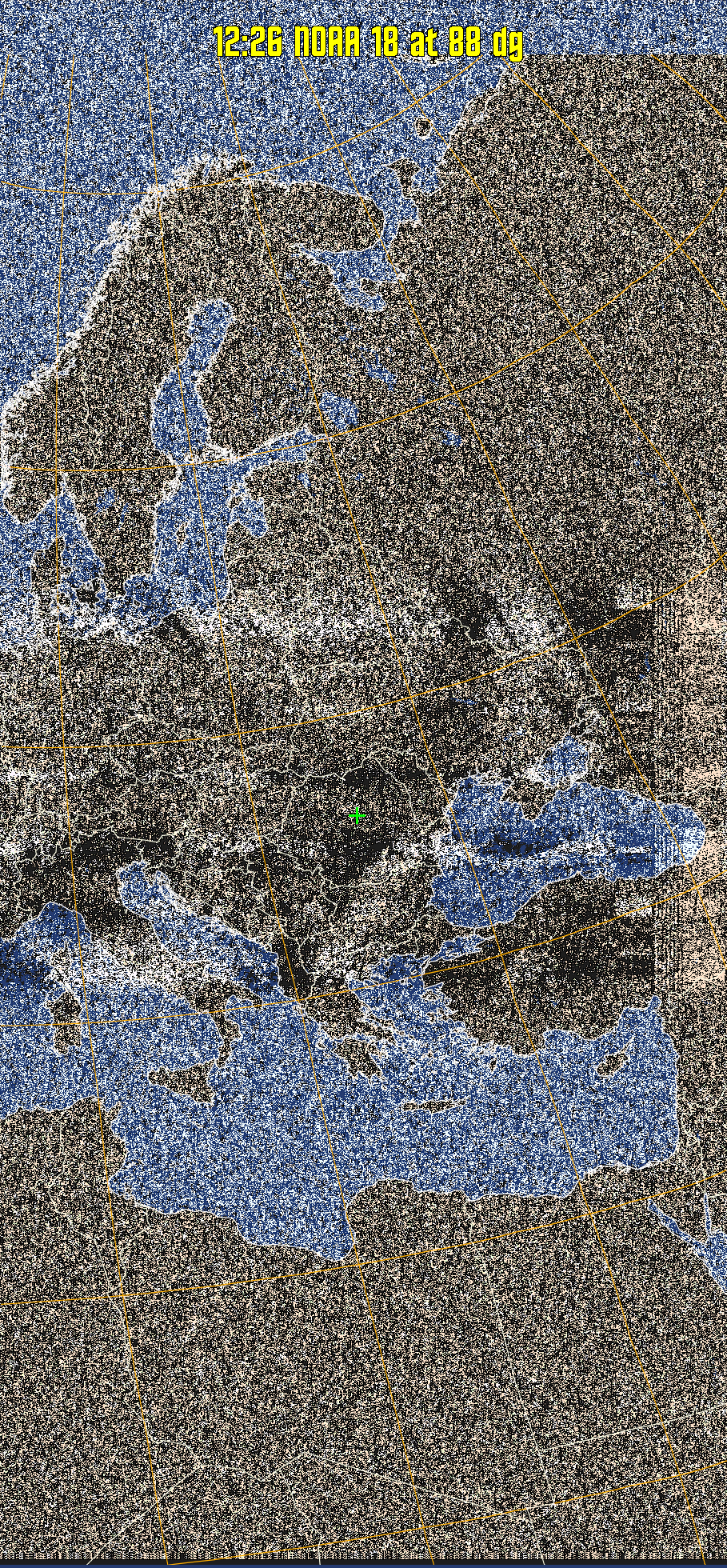 HVCT:
Similar to HVC, but with blue water and with colours more indicative of
land temperatures.
HVC:
Creates a false colour image from NOAA APT images based on temperature using
the HVC colour model. Uses the temperature derived from the sensor 4 image to
select the hue and the brightness from the histogram equalised other image to
select the value and chroma. The HVC colour model attempts to ensure that different colours at the same value will appear to the eye to be the same brightness
and the spacing between colours representing each degree will appear to the eye to
be similar. Bright areas are completely unsaturated in this model.