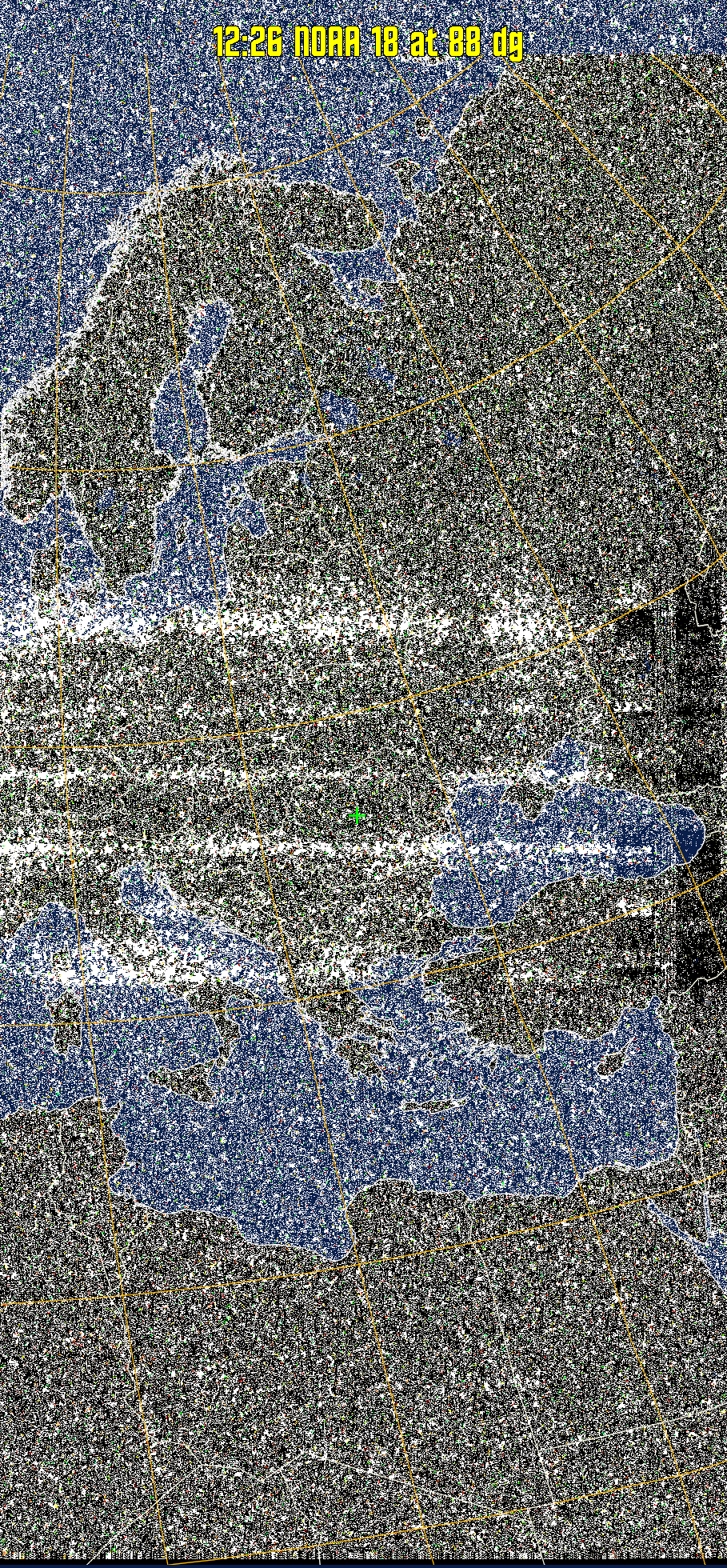 MCIR-precip: 
Colours the NOAA sensor 4 IR image using a map to colour the sea blue and land
green. High clouds appear white, lower clouds gray or land/sea coloured, clouds
generally appear lighter, but distinguishing between land/sea and low cloud may
be difficult. Darker colours indicate warmer regions.