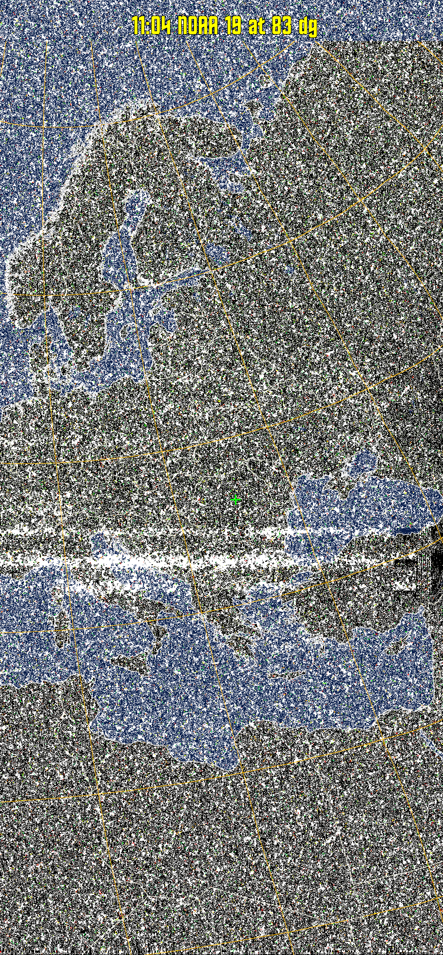 MCIR-precip: 
Colours the NOAA sensor 4 IR image using a map to colour the sea blue and land
green. High clouds appear white, lower clouds gray or land/sea coloured, clouds
generally appear lighter, but distinguishing between land/sea and low cloud may
be difficult. Darker colours indicate warmer regions.