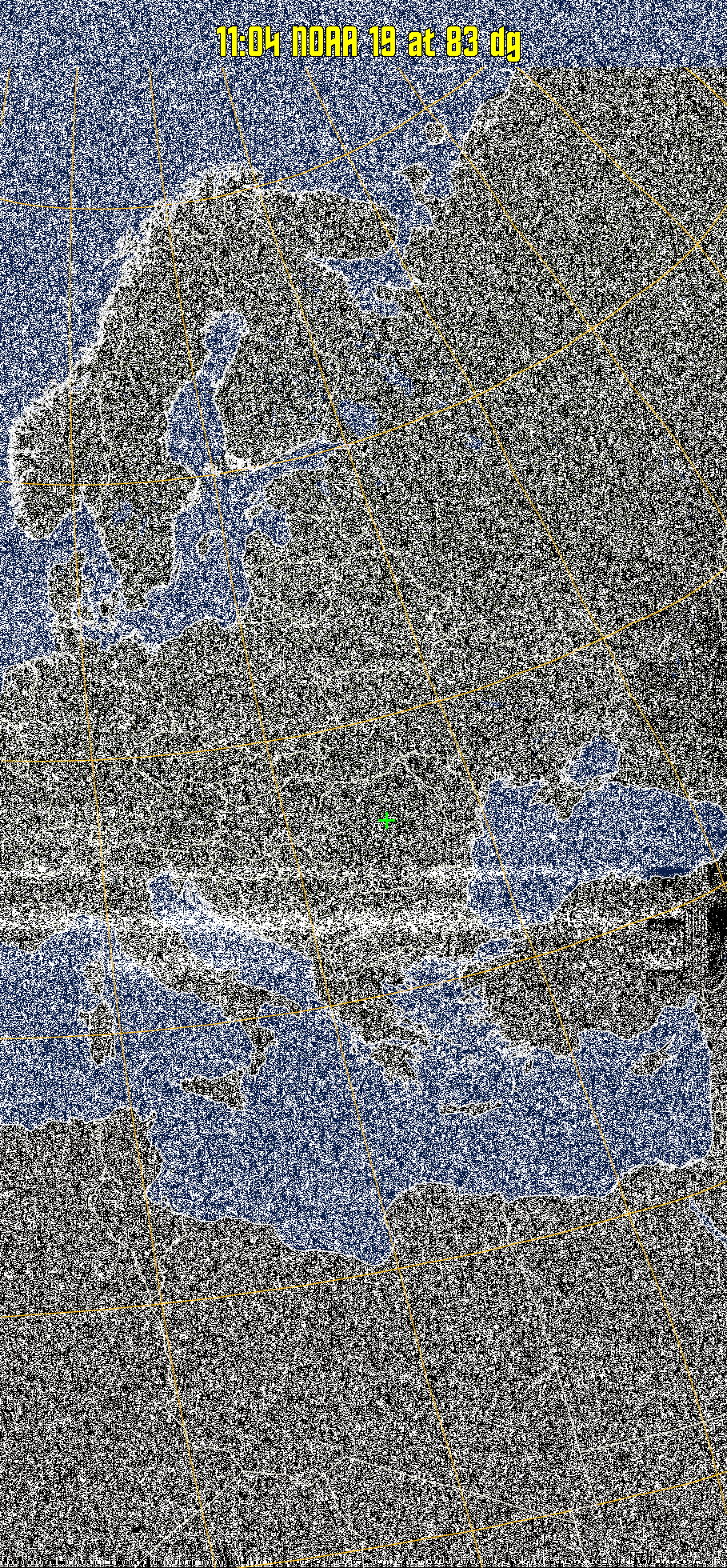 MCIR-precip: 
Colours the NOAA sensor 4 IR image using a map to colour the sea blue and land
green. High clouds appear white, lower clouds gray or land/sea coloured, clouds
generally appear lighter, but distinguishing between land/sea and low cloud may
be difficult. Darker colours indicate warmer regions.