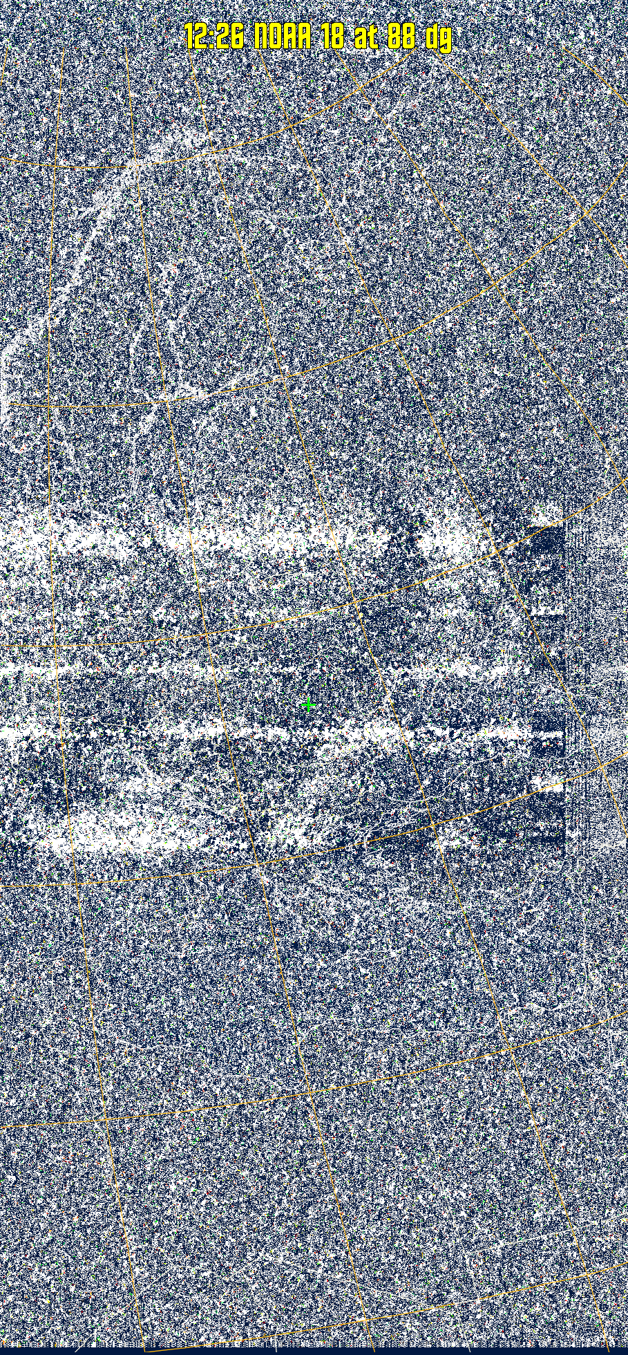 MSA-precip:
Same as MSA multispectral analysis, but high cold cloud tops are coloured the
same as the NO enhancement to give an approximate indication of the probability
and intensity of precipitation.