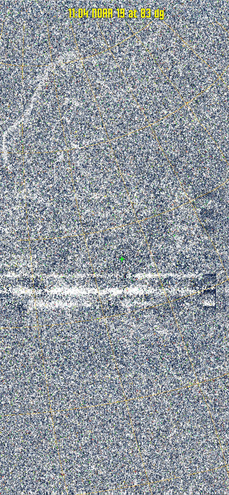 MSA-precip:
Same as MSA multispectral analysis, but high cold cloud tops are coloured the
same as the NO enhancement to give an approximate indication of the probability
and intensity of precipitation.